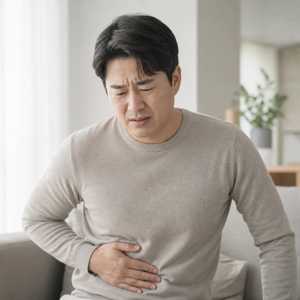 40대 남성 왼쪽 아랫배 통증을 느끼는 모습