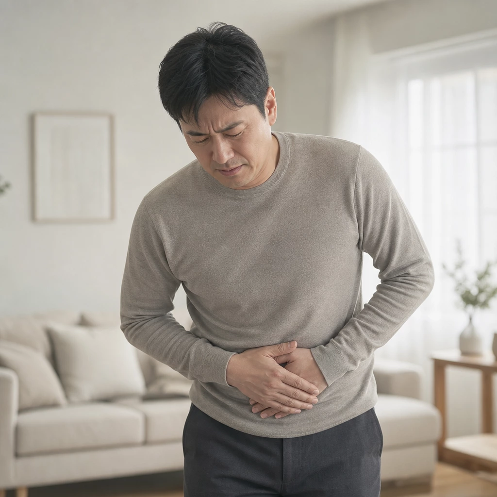 40대 남성 오른쪽 아랫배 통증을 느끼는 모습