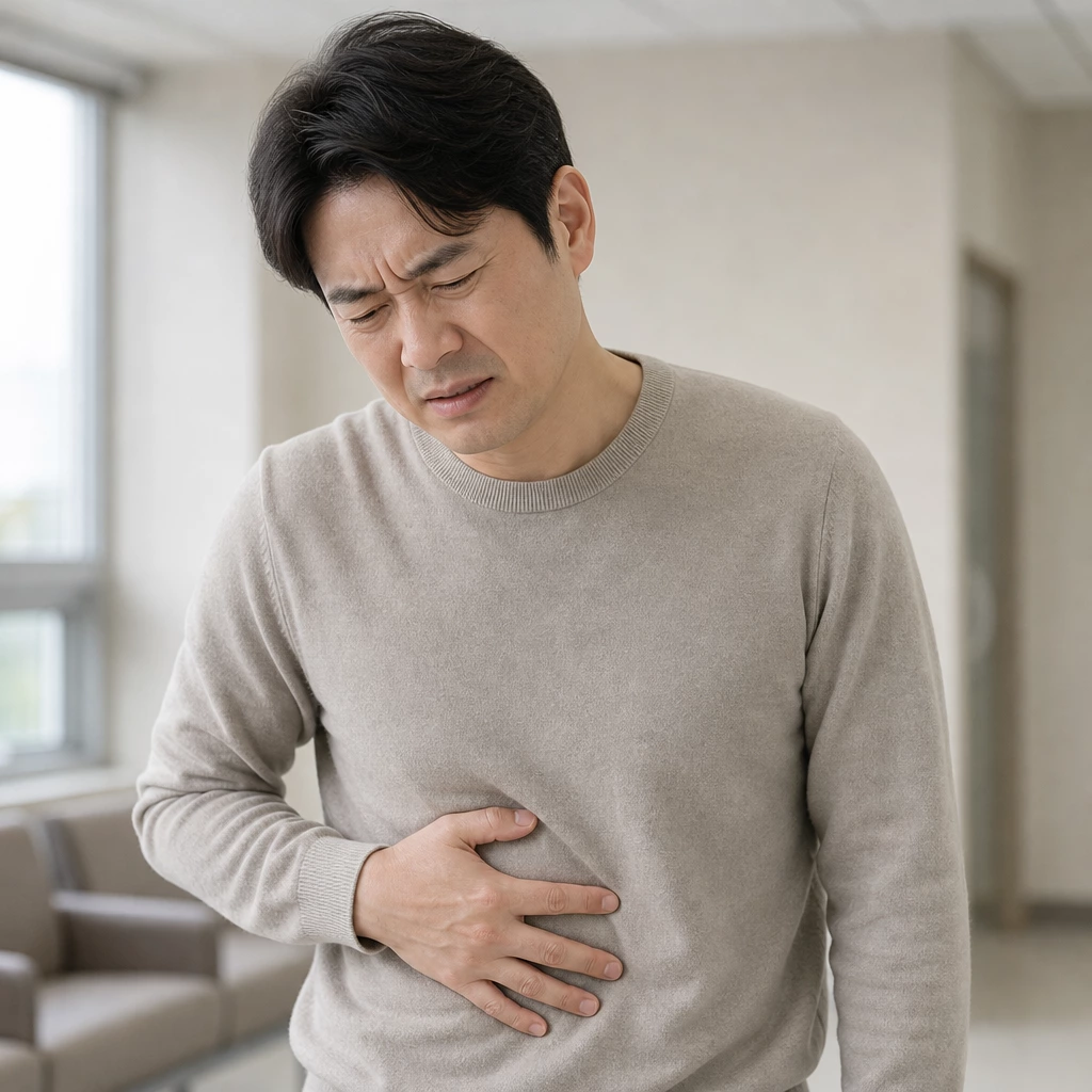 40대 남성 오른쪽 윗배 통증을 느끼는 모습