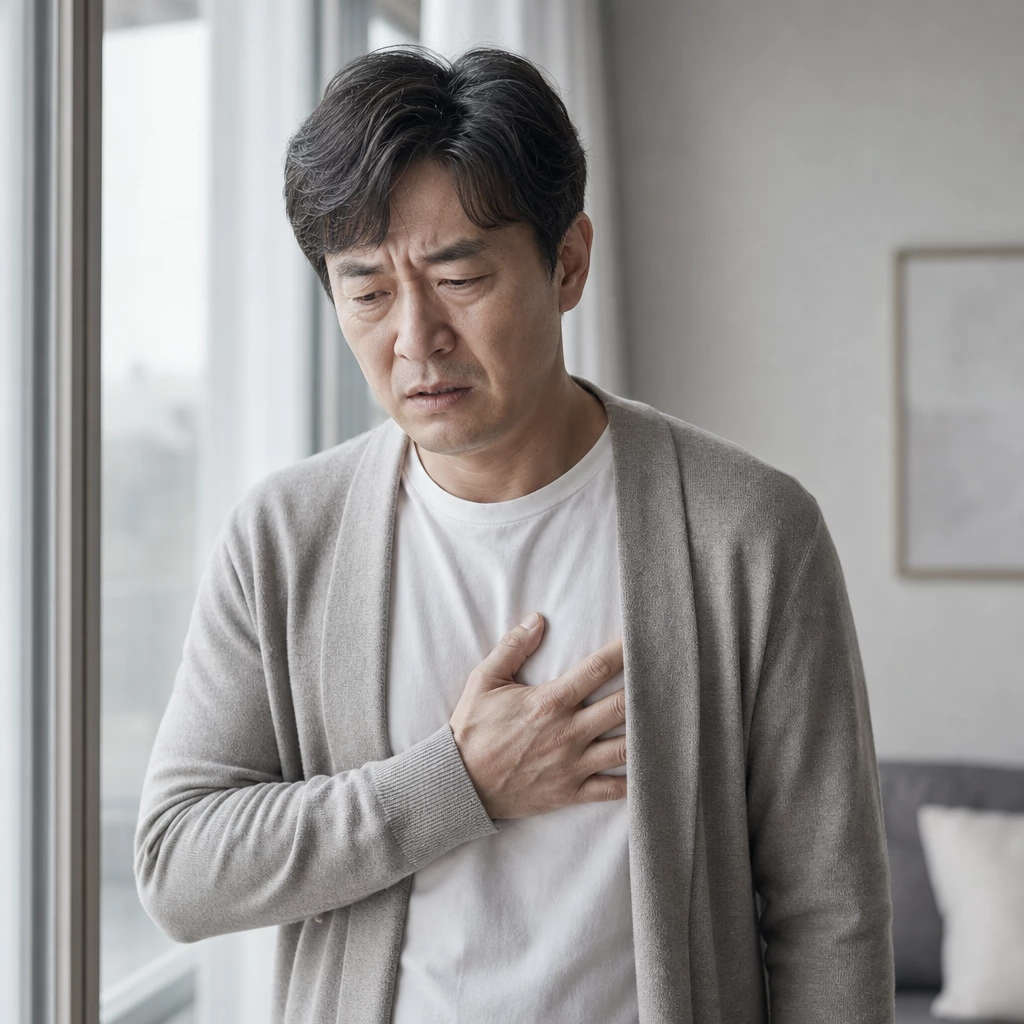 40대 남성 가슴 통증을 느끼는 모습
