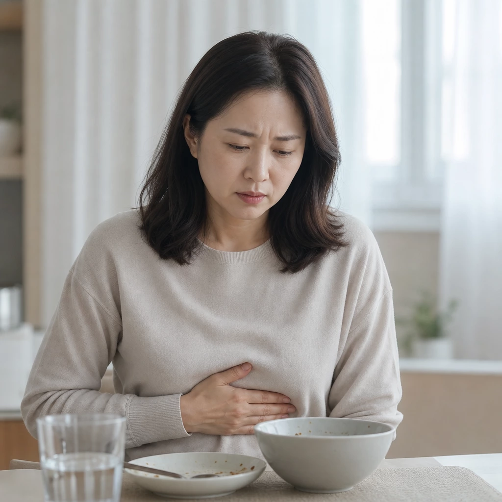 40대 여성 소화불량과 속쓰림을 겪는 모습