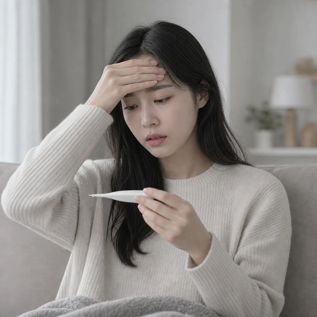 20대 여성 발열로 체온을 재는 모습