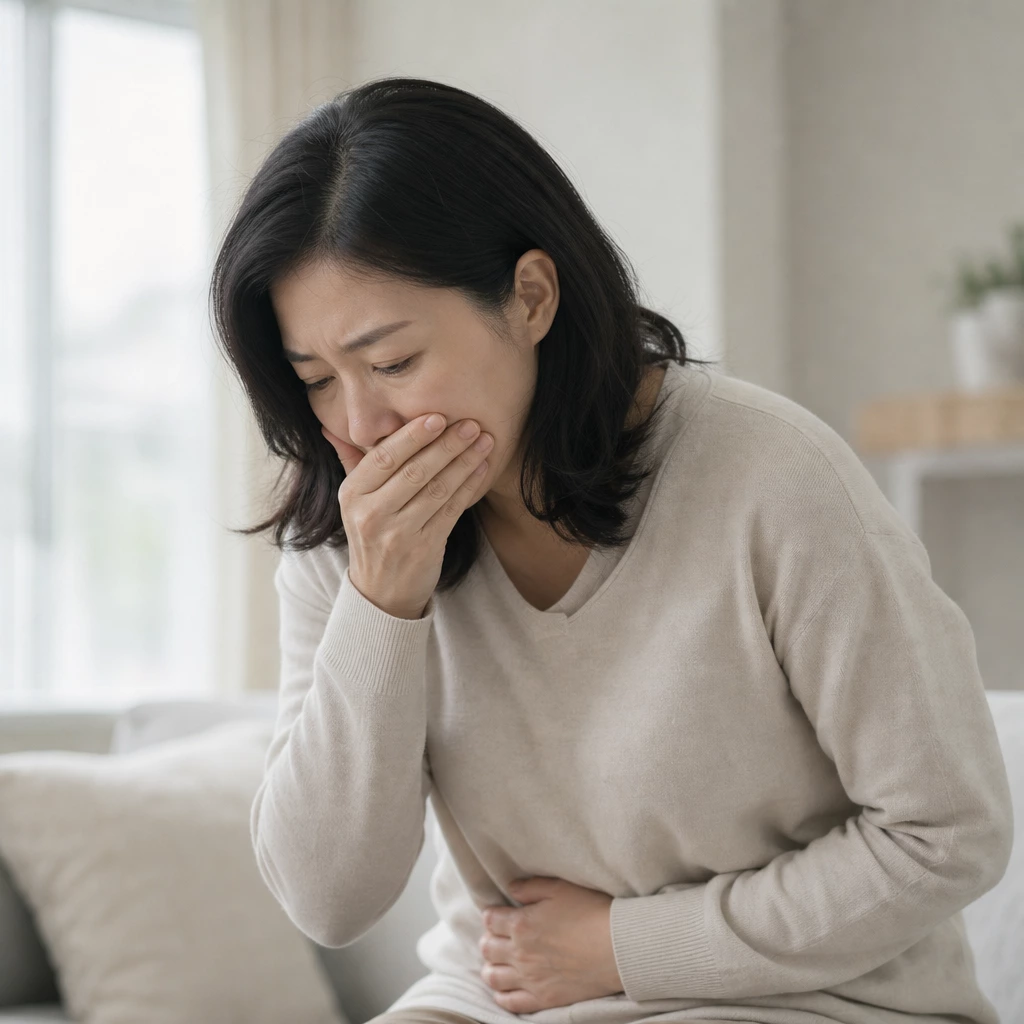 40대 여성 메스꺼움을 느끼는 모습