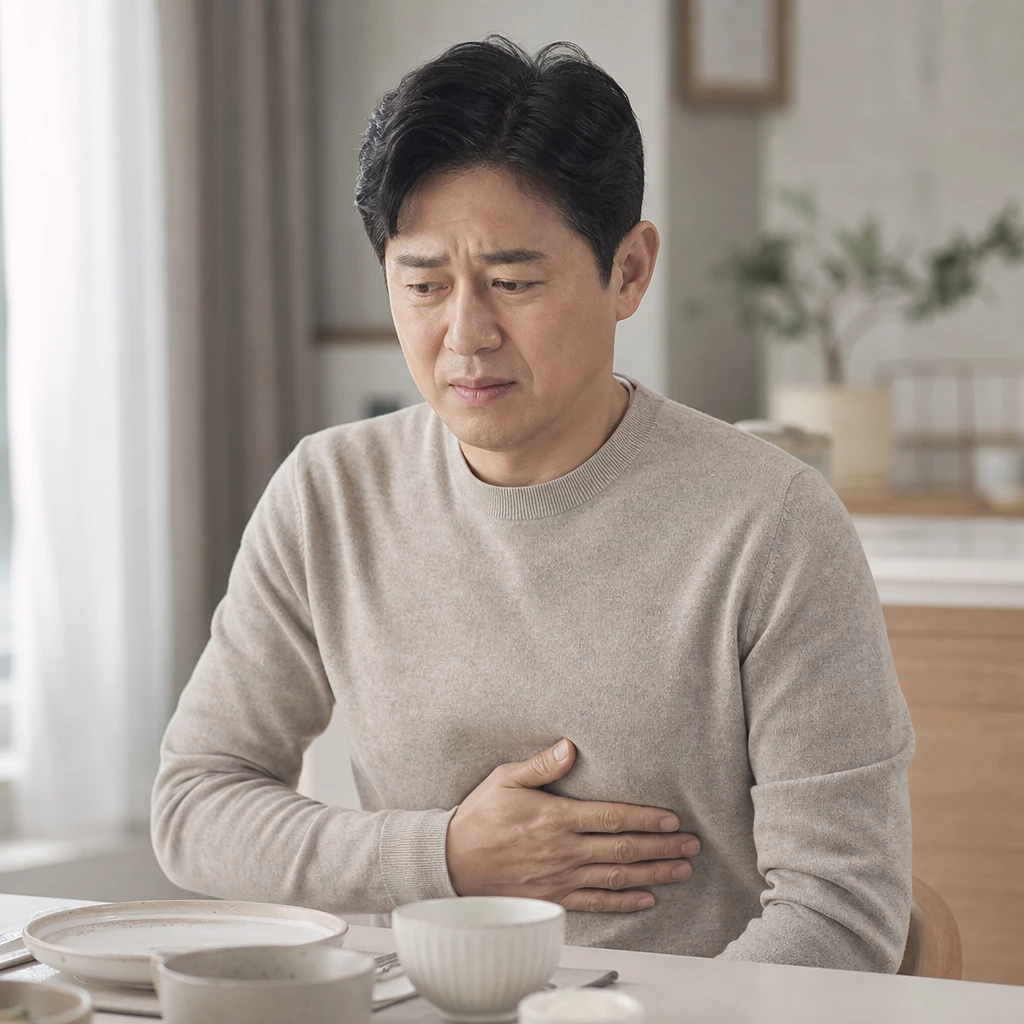 40대 남성 소화불량과 속쓰림을 겪는 모습