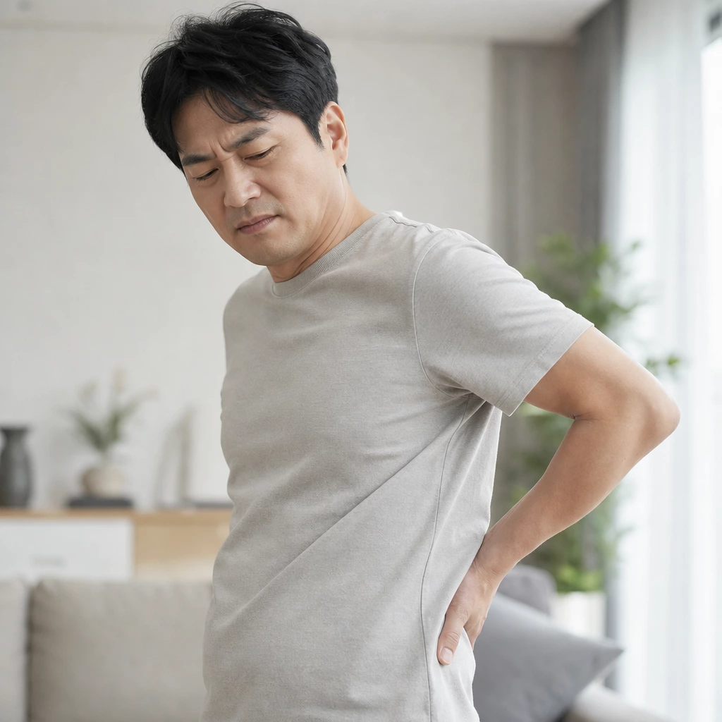 40대 남성 옆구리·허리 통증을 느끼는 모습