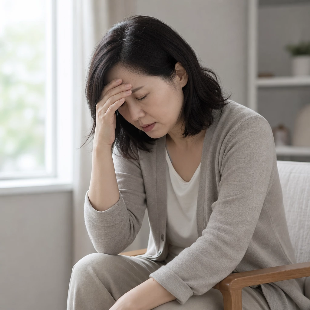 40대 여성 어지럼을 느끼는 모습