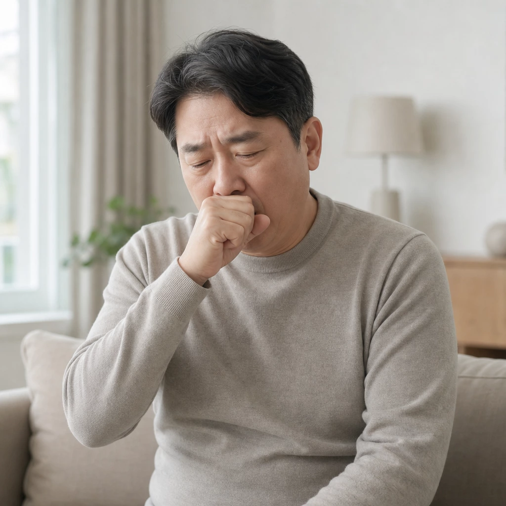 50대 남성 기침을 하는 모습