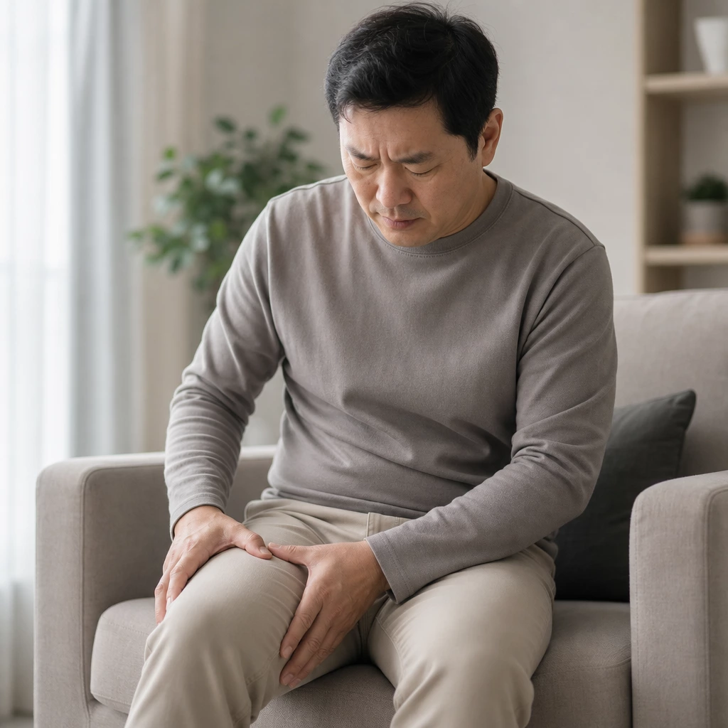 40대 남성 허벅지 통증을 확인하는 모습