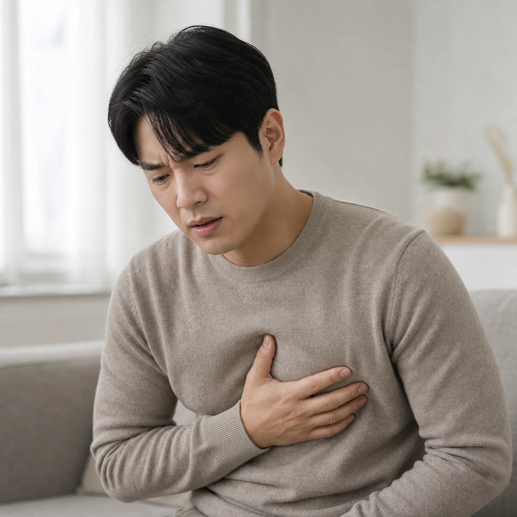 30대 남성 소화불량과 속쓰림을 겪는 모습