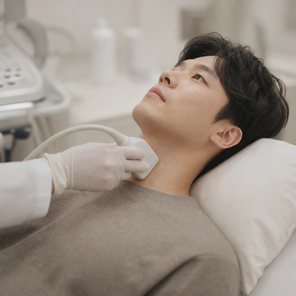 30대 남성 목 초음파 검사를 받는 모습