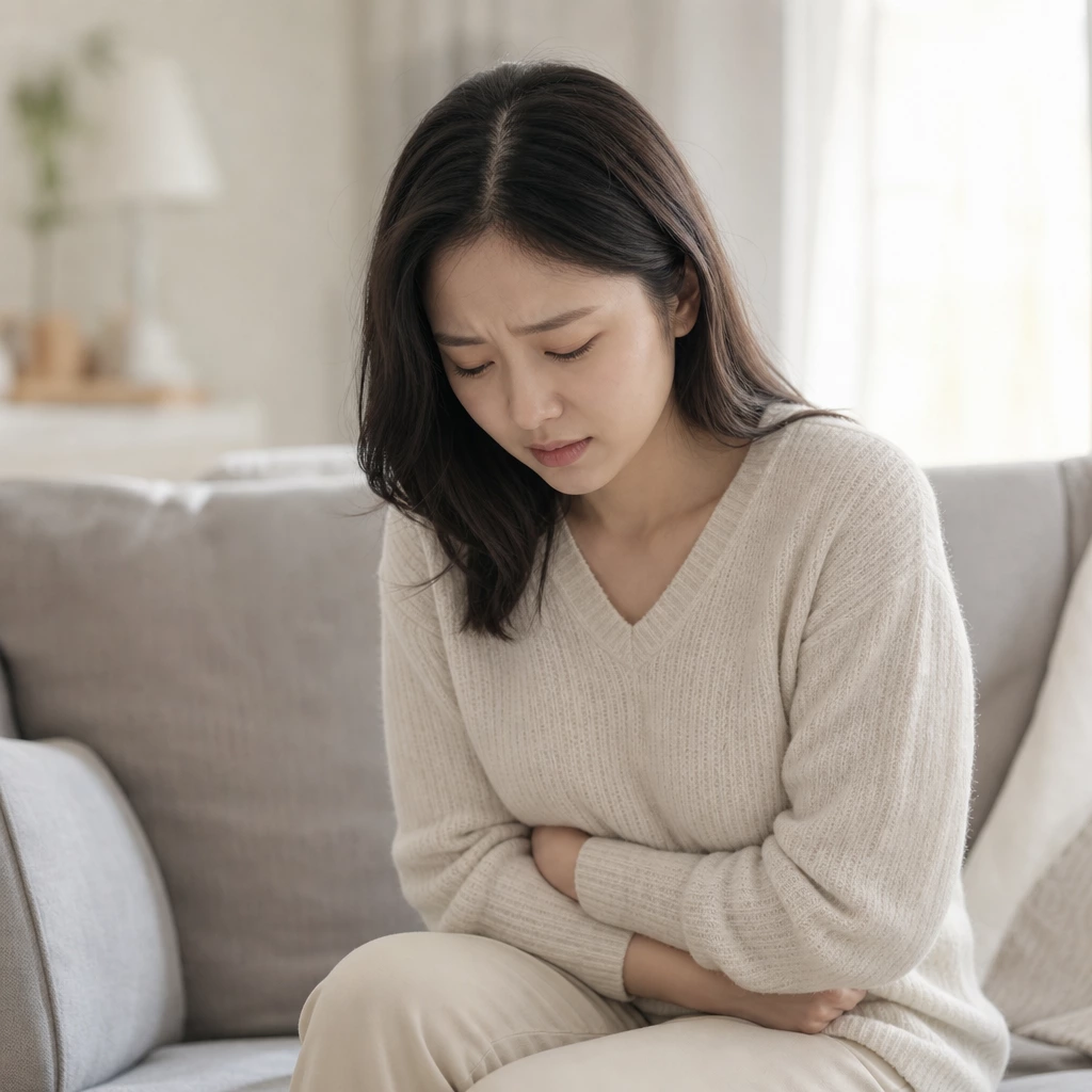 30대 여성 아랫배 통증을 느끼는 모습