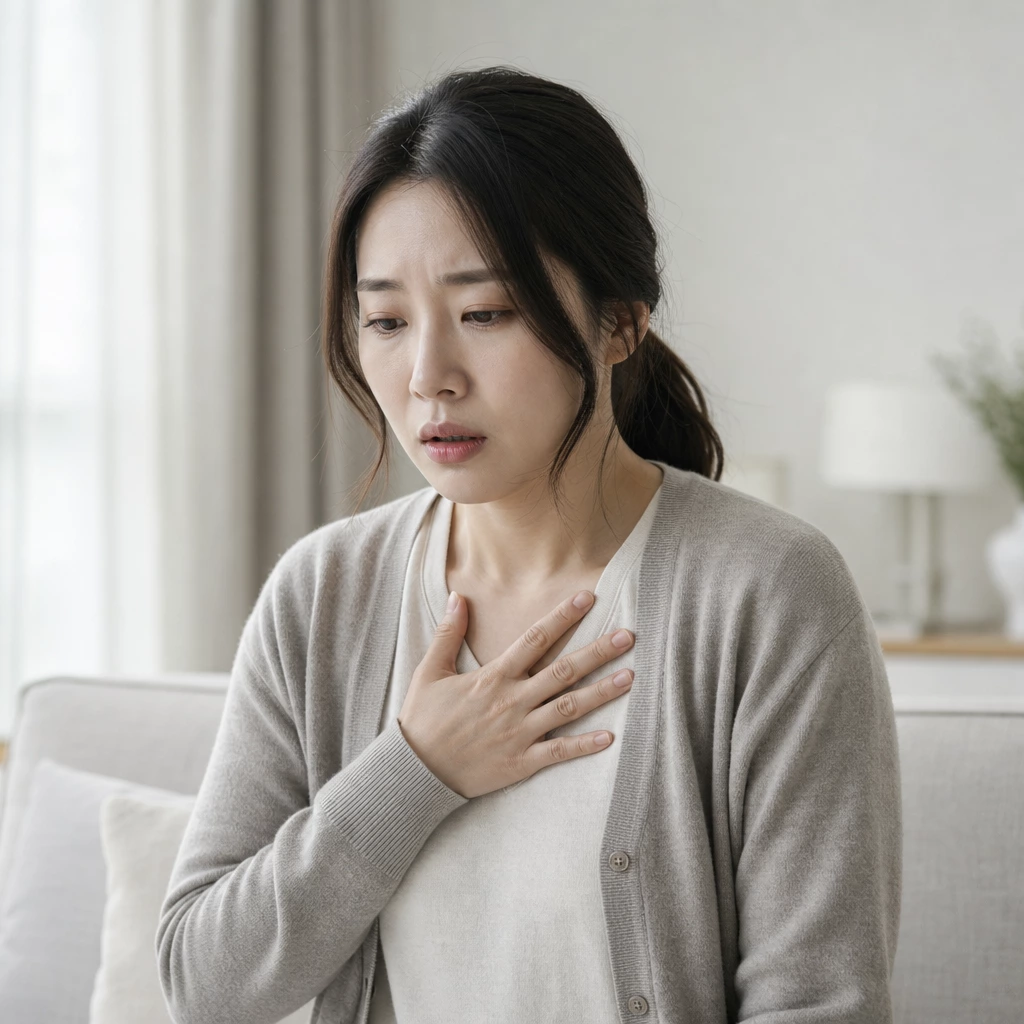 30대 여성 가슴 두근거림을 느끼는 모습