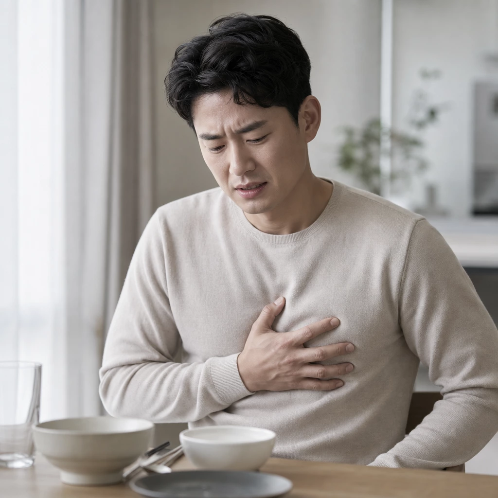 30대 남성 소화불량과 속쓰림을 겪는 모습