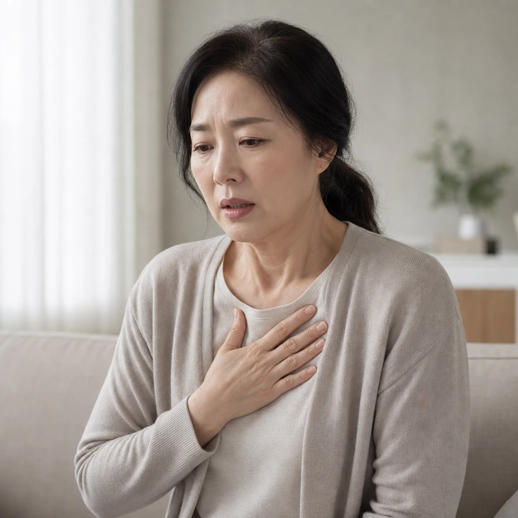 40대 여성 가슴 두근거림을 느끼는 모습