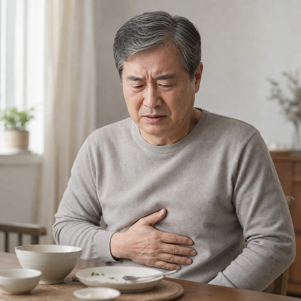 60대 남성 소화불량과 속쓰림을 겪는 모습