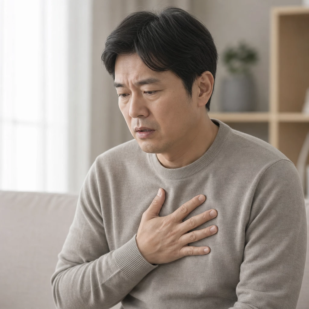 40대 남성 가슴 두근거림을 느끼는 모습