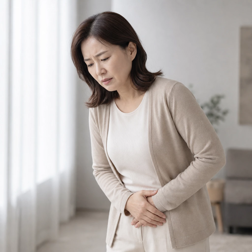 40대 여성 오른쪽 아랫배 통증을 느끼는 모습