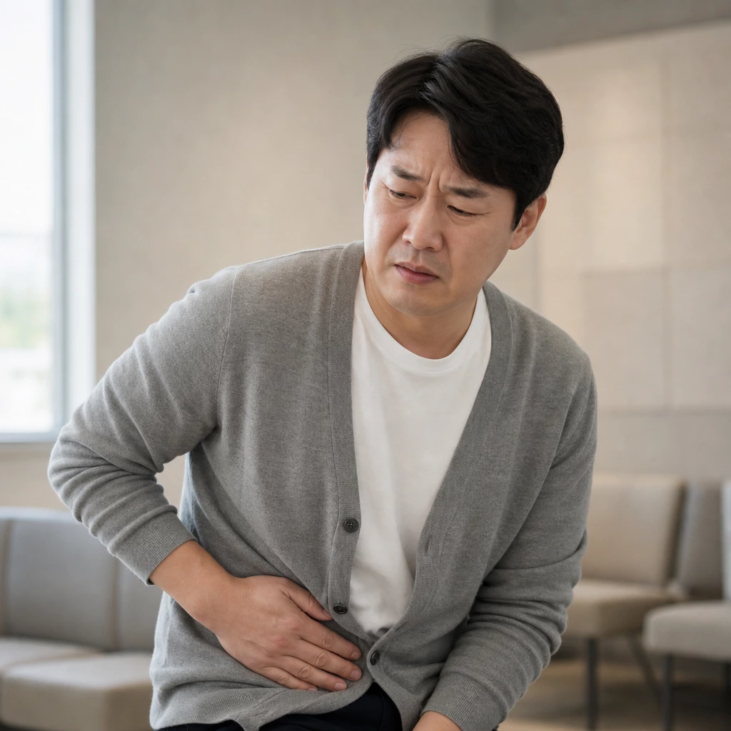 40대 남성 왼쪽 아랫배 통증을 느끼는 모습