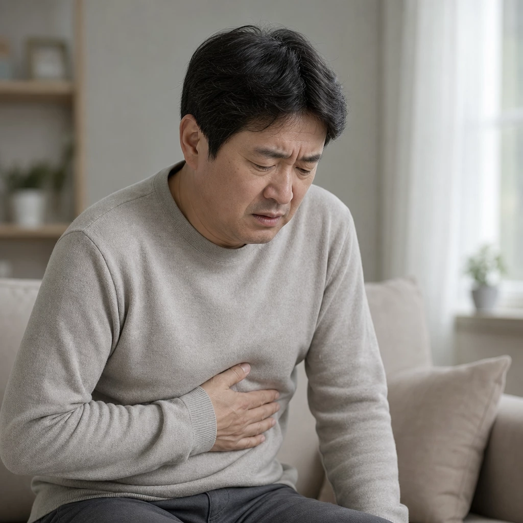 40대 남성 명치 통증을 느끼는 모습