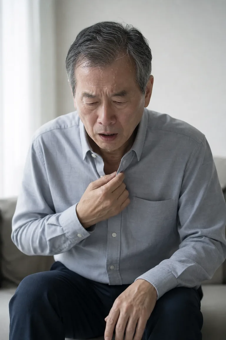 가슴 불편감과 식은땀을 함께 느끼는 중년 남성