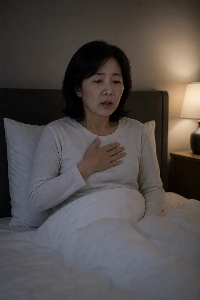 밤에 두근거림과 호흡 불편으로 잠에서 깬 중년 여성