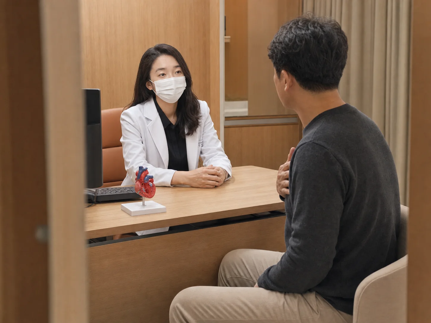 의사가 뇌 영상을 확인하며 환자에게 검사 결과를 설명하는 진료 장면