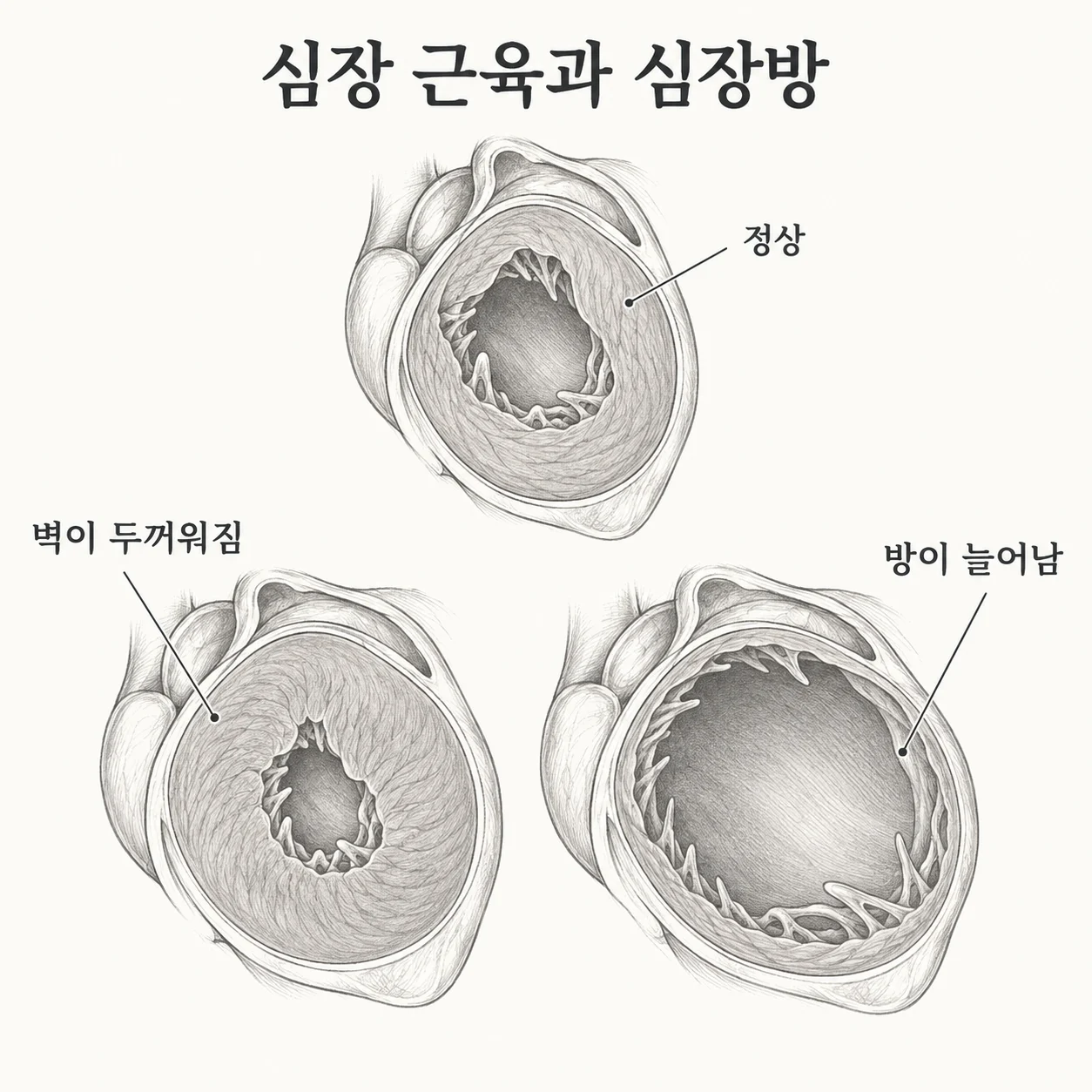 좌심실 벽이 두꺼워지는 비대와 심장방이 늘어나는 확장을 비교한 도해