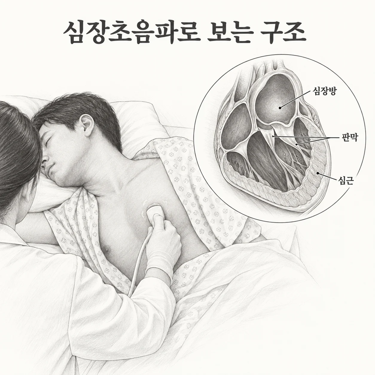 심장초음파의 검사 자세와 심장방·심근·판막을 보여주는 도해