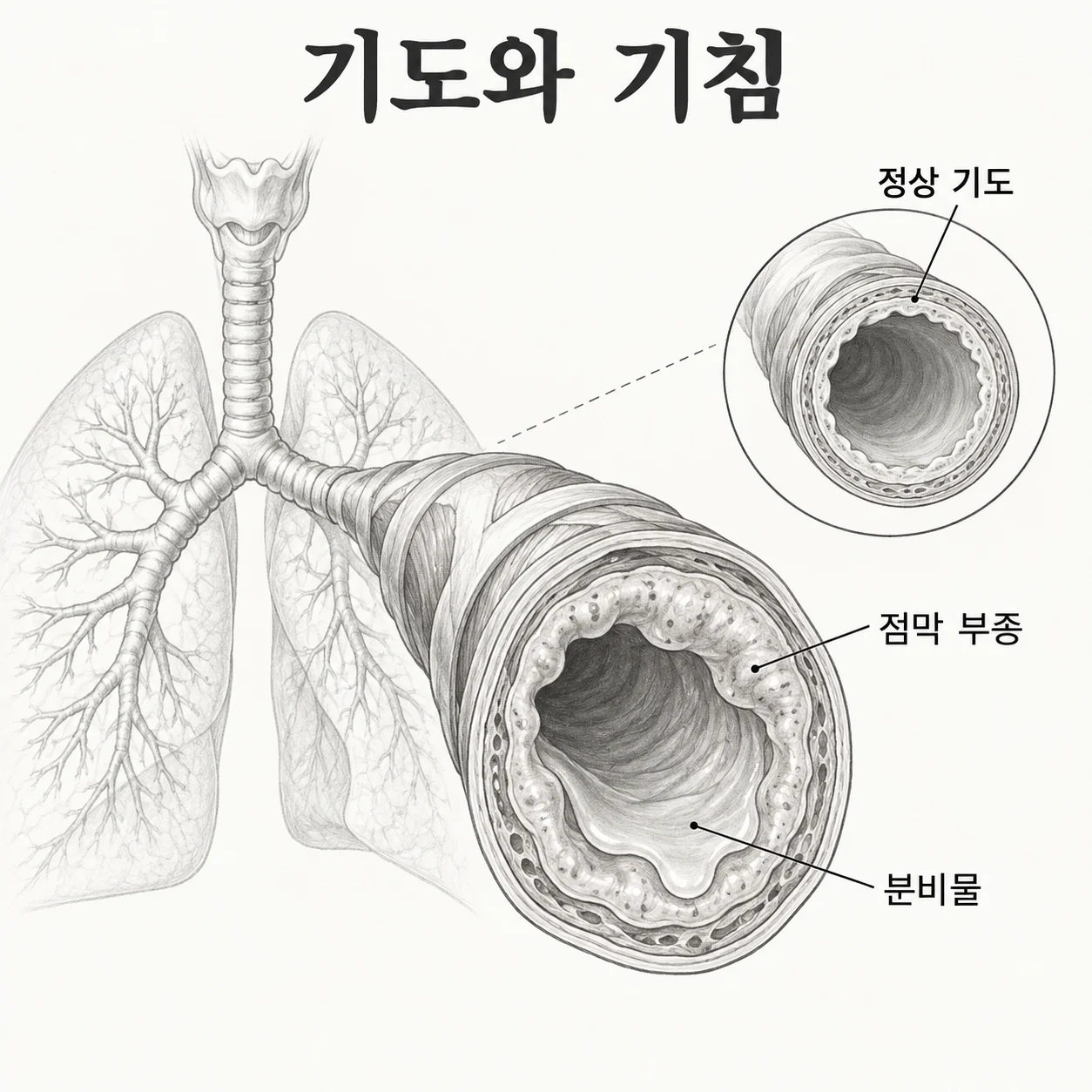 정상 기도와 점막 부종·분비물이 있는 기도를 비교한 도해