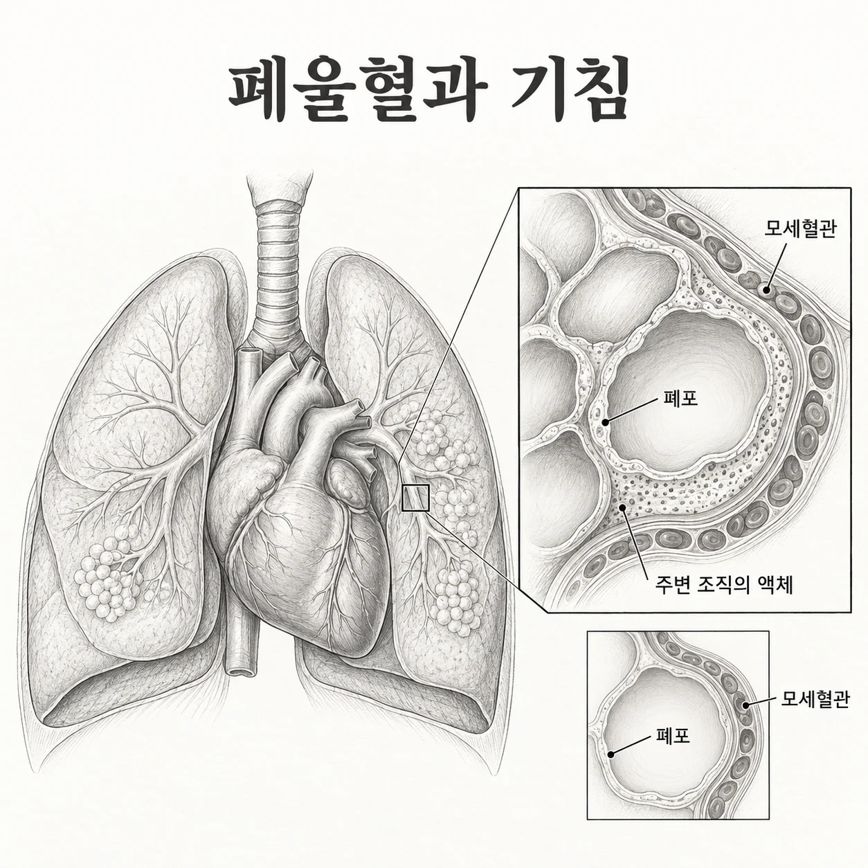 폐포와 모세혈관 주변에 액체가 늘어나는 폐울혈의 개념 도해