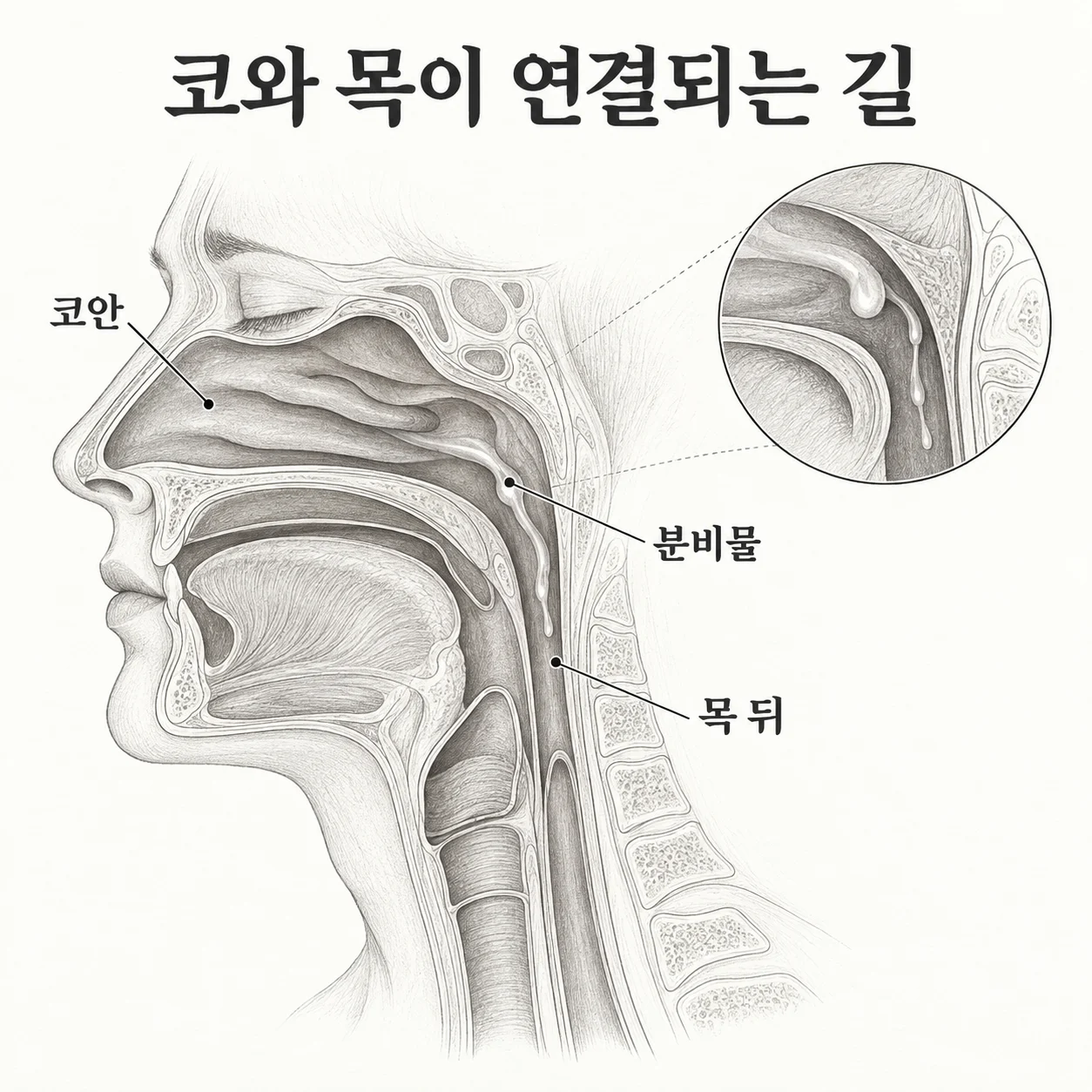 코 뒤에서 인두로 분비물이 넘어가는 위치를 보여주는 도해