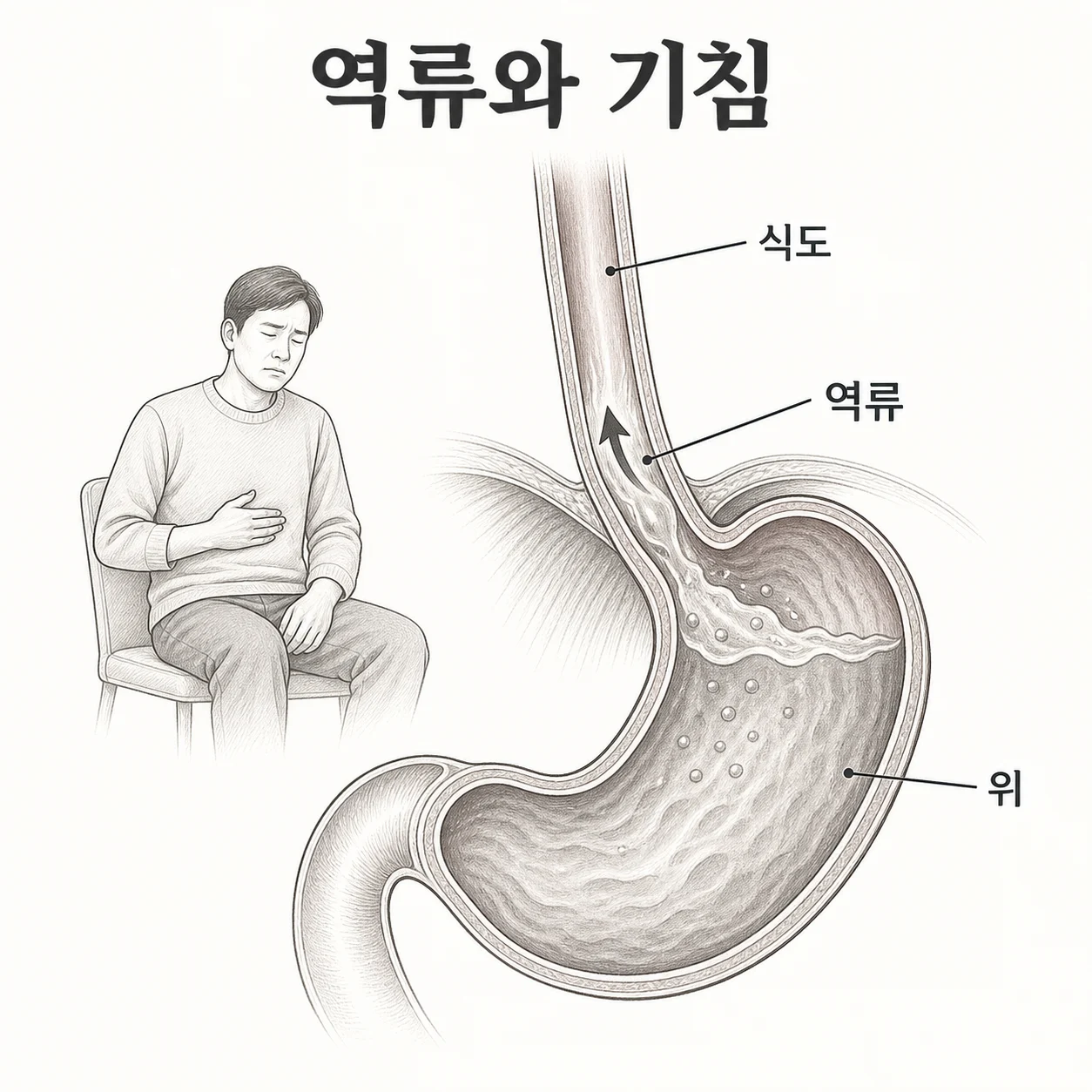 식도와 위의 연결 부위 및 역류 방향을 보여주는 도해