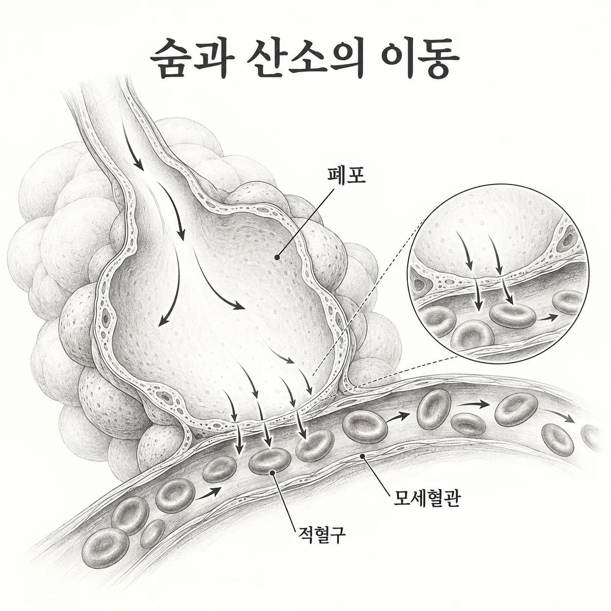 폐포에서 혈액으로 산소가 이동하는 과정을 보여주는 도해