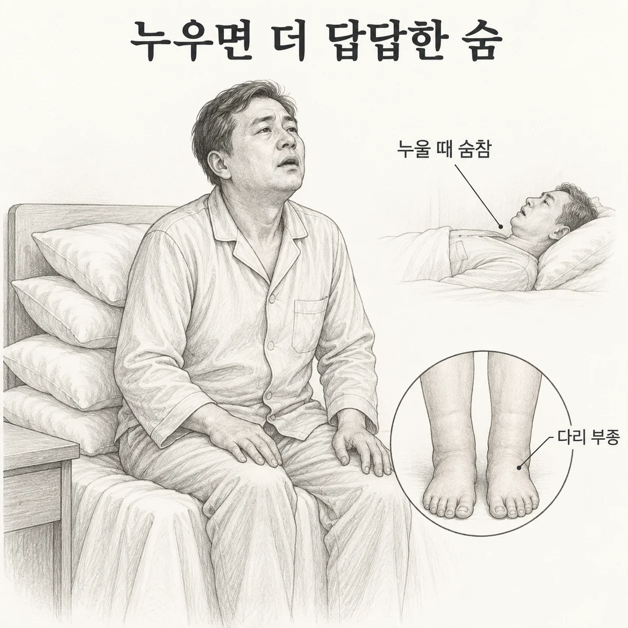 누울 때 심해지는 숨참과 다리 부종을 설명하는 증상 상황 도해