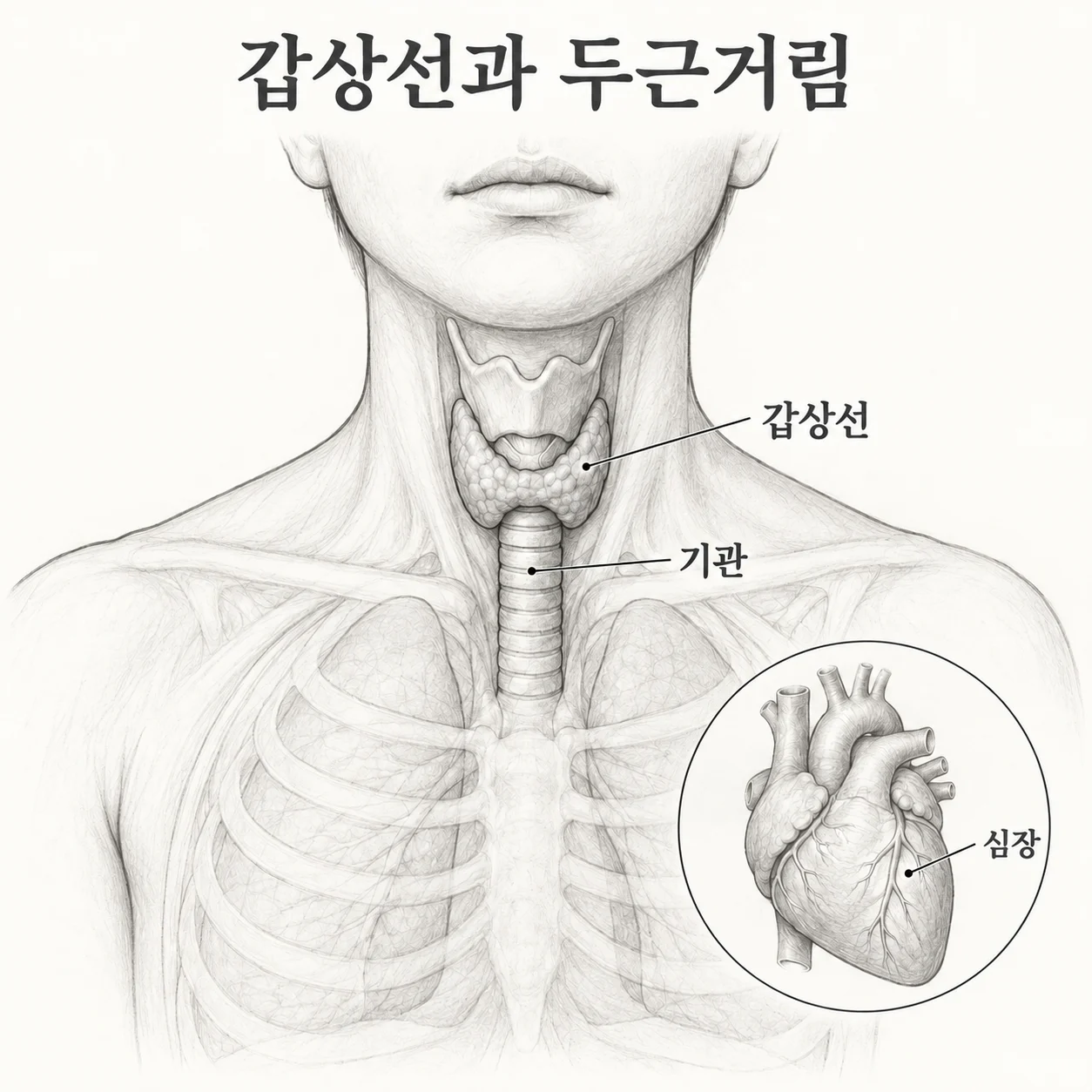 갑상선과 심장의 위치를 보여주는 교육 도해