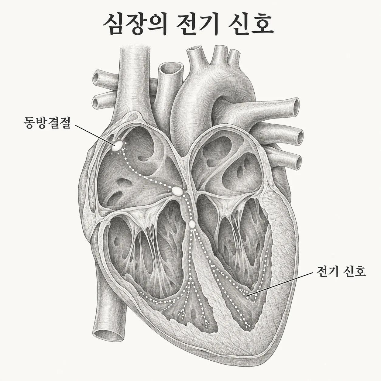 심장 박동을 시작하는 동방결절과 전기 신호 경로를 단순화한 도해