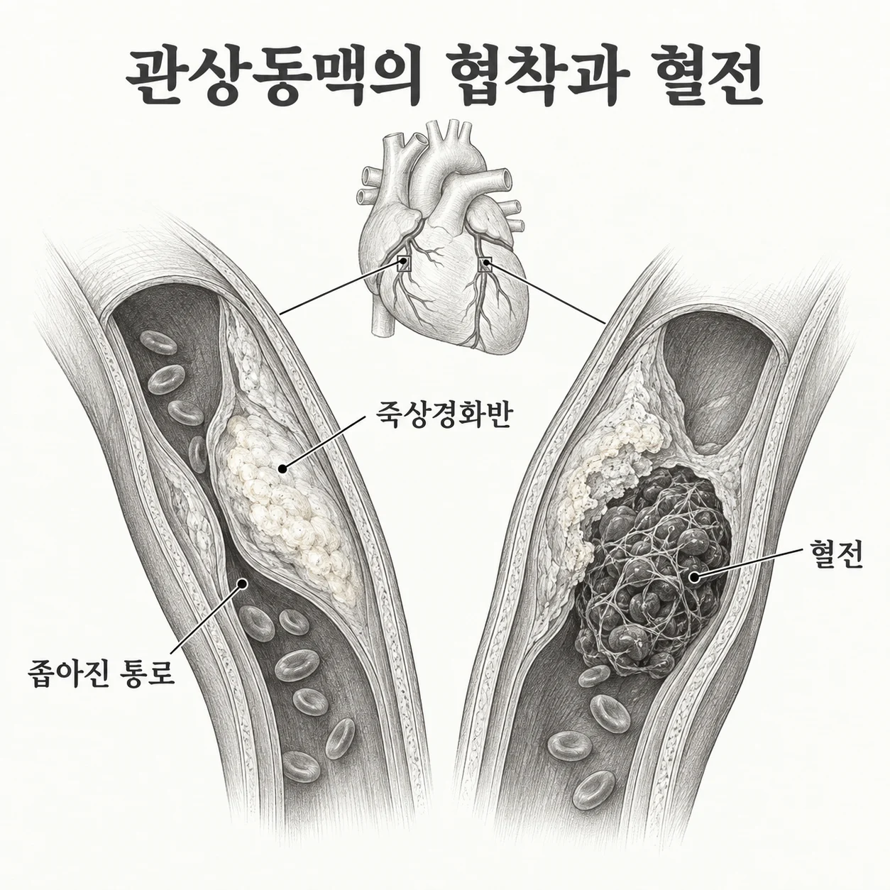 관상동맥의 죽상경화반과 혈전으로 혈류가 줄어드는 모습을 비교한 도해