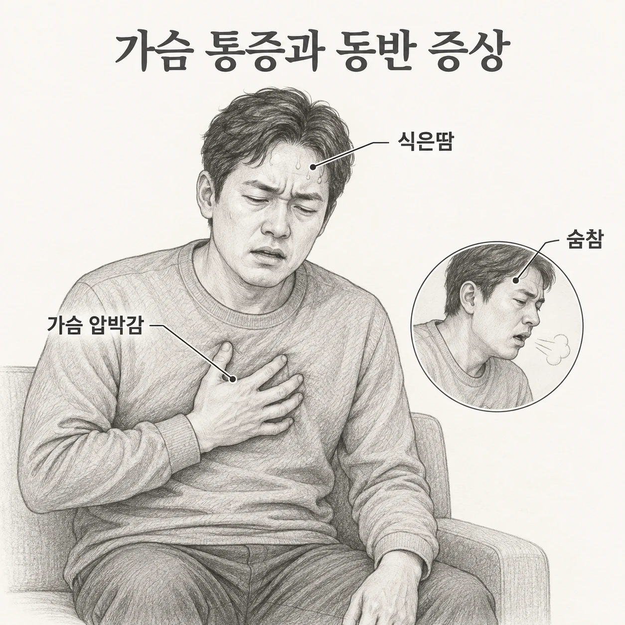 가슴 압박감에 식은땀과 숨참이 동반되는 상황을 보여주는 도해