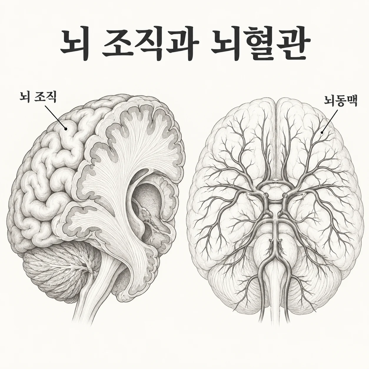 뇌 조직과 뇌동맥의 관찰 대상을 비교한 도해