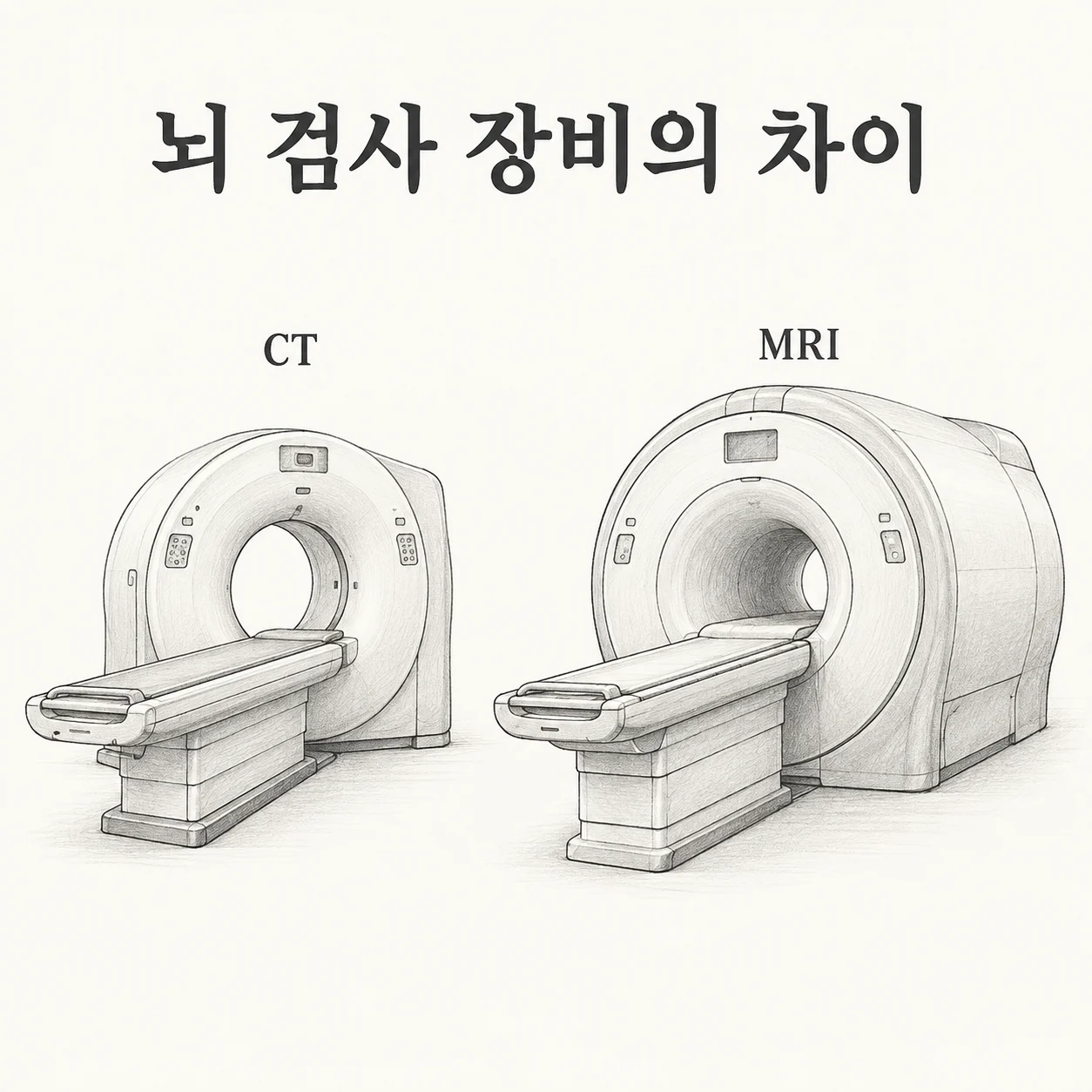 짧은 고리 형태의 CT와 긴 터널 형태의 MRI 장비를 비교한 도해