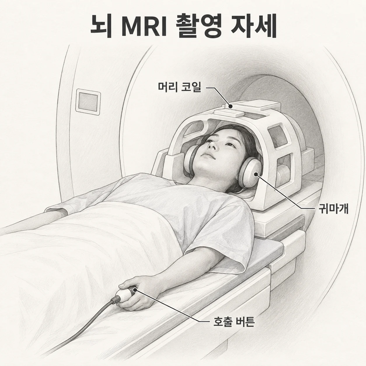 뇌 MRI에서 사용하는 머리 코일과 귀마개·호출 버튼을 보여주는 도해