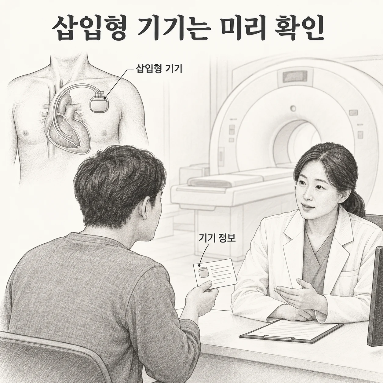 MRI 전 의료기기 정보를 의료진에게 전달하는 상담 장면 도해