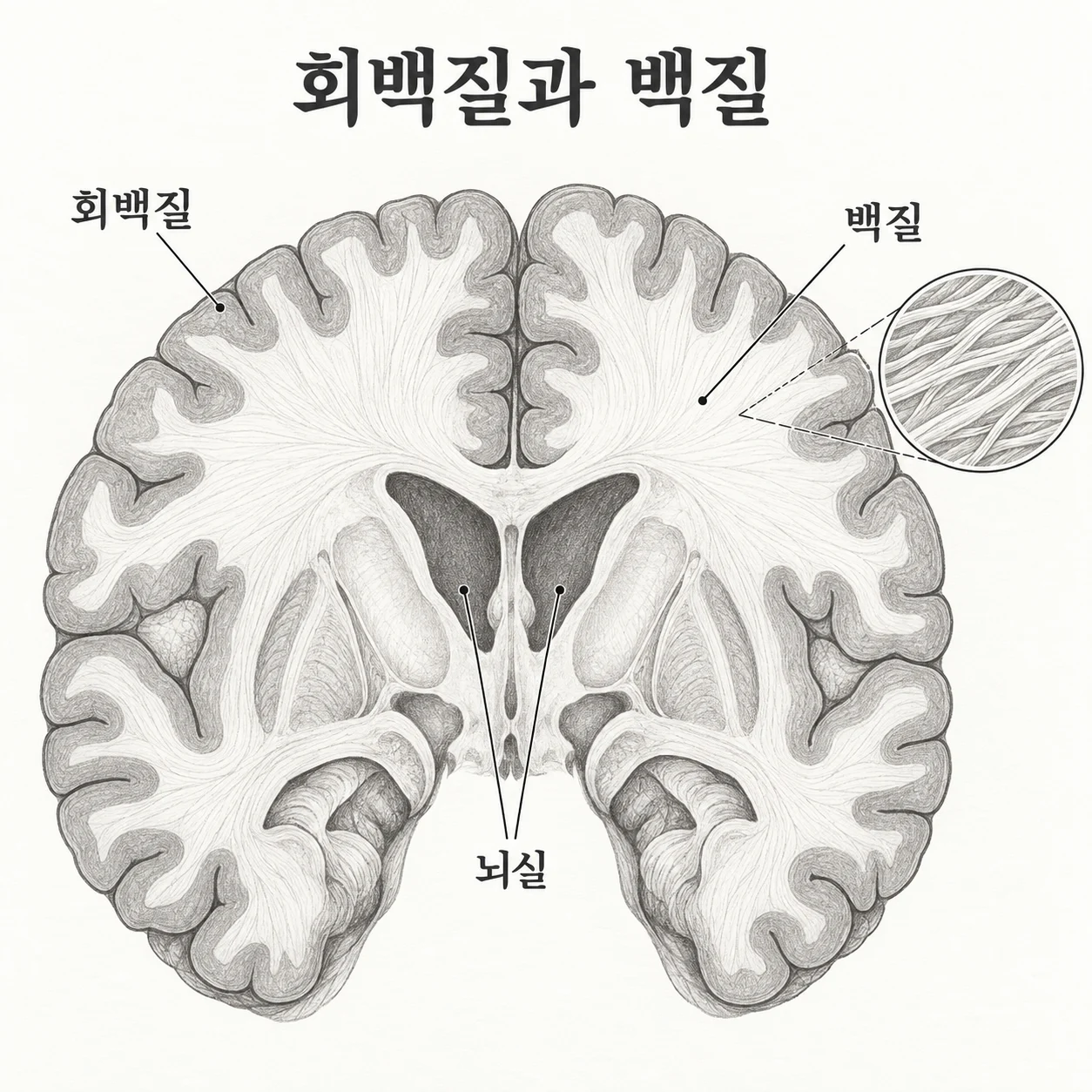 뇌의 회백질·백질·뇌실 위치를 보여주는 교육 도해