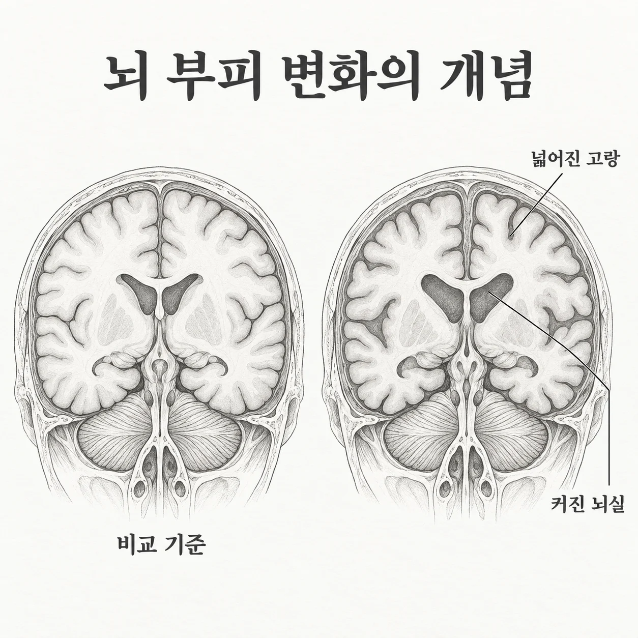 뇌 부피가 줄 때 고랑과 뇌실 공간이 상대적으로 넓어지는 개념 도해