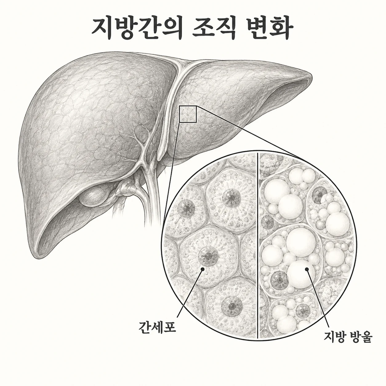 간세포 안에 지방 방울이 늘어나는 지방간의 개념 도해
