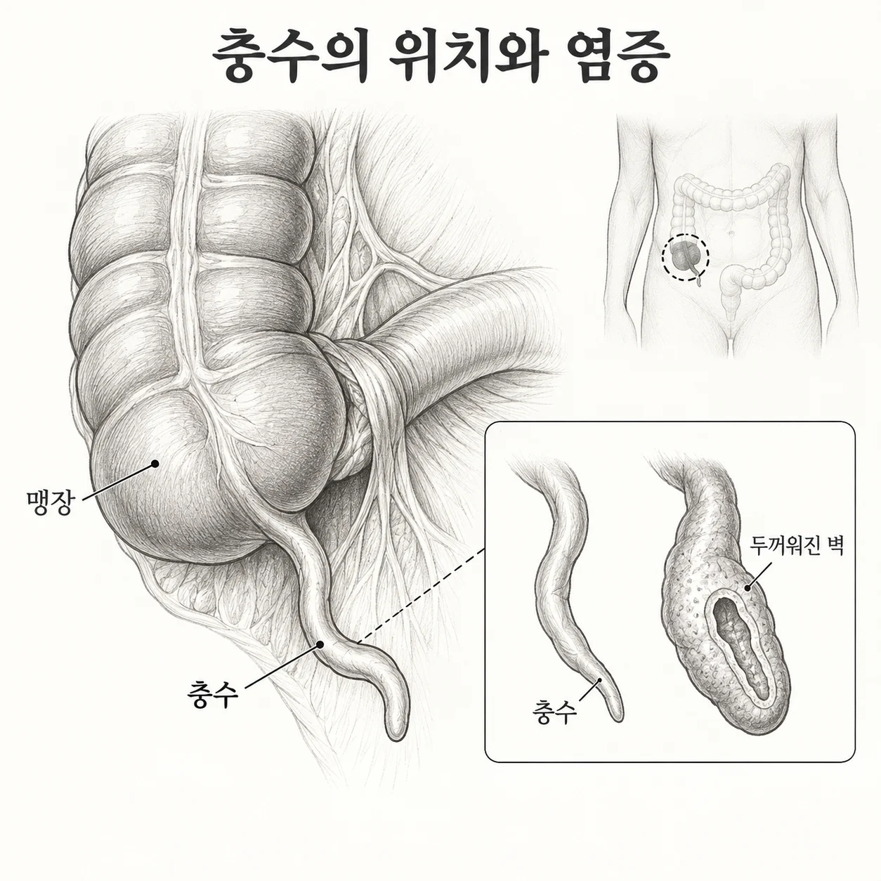 오른쪽 아랫배의 충수 위치와 벽이 두꺼워지는 염증 변화를 보여주는 도해