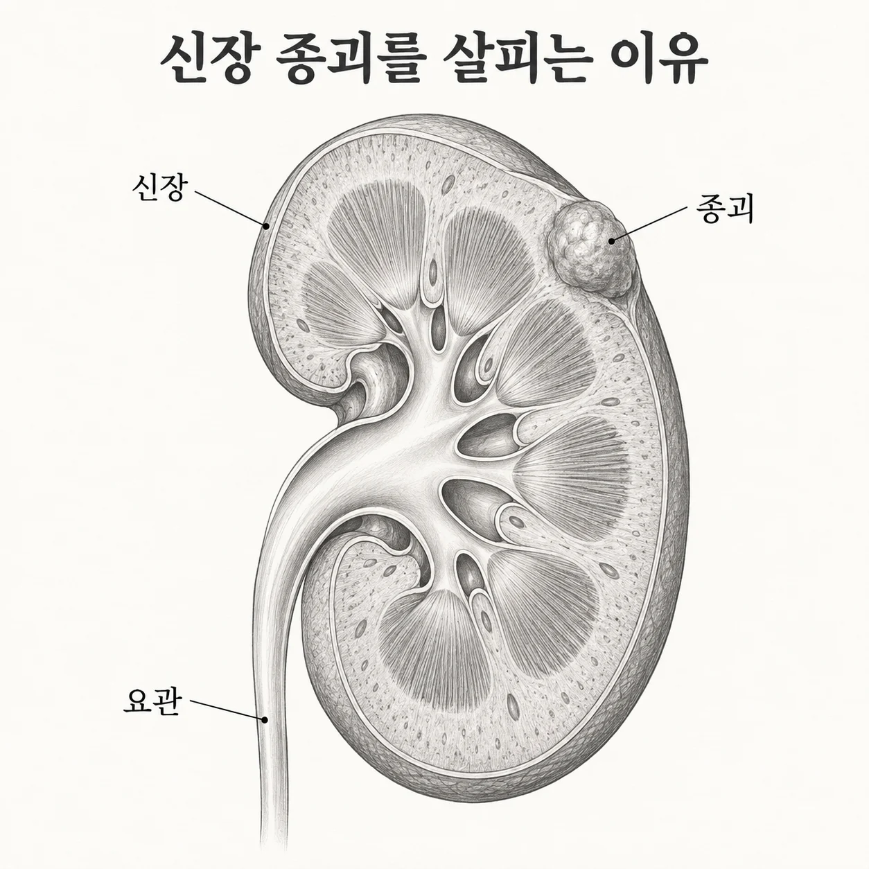 신장 바깥쪽에 생긴 국소 종괴의 위치를 설명하는 도해