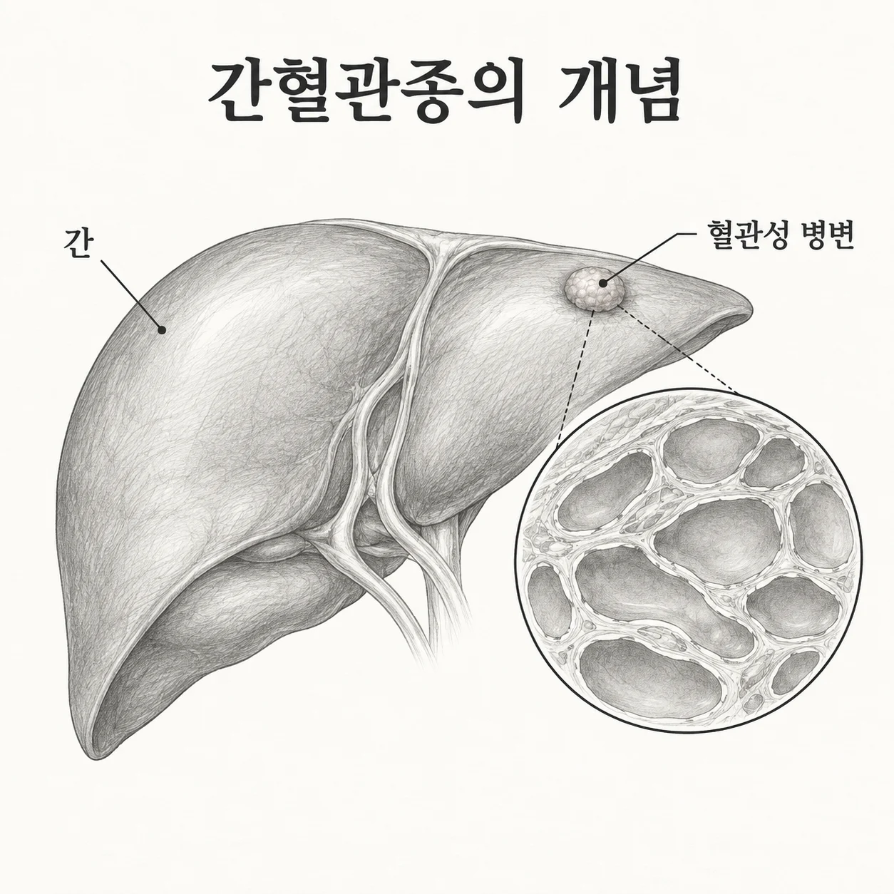 간 안에 혈관성 병변이 모인 간혈관종의 개념 도해