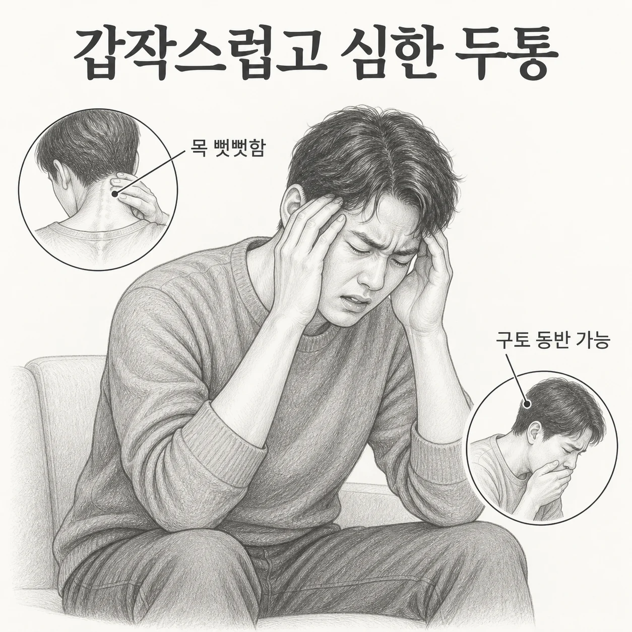 갑작스러운 심한 두통에 목 경직이나 구토가 동반될 수 있음을 보여주는 도해
