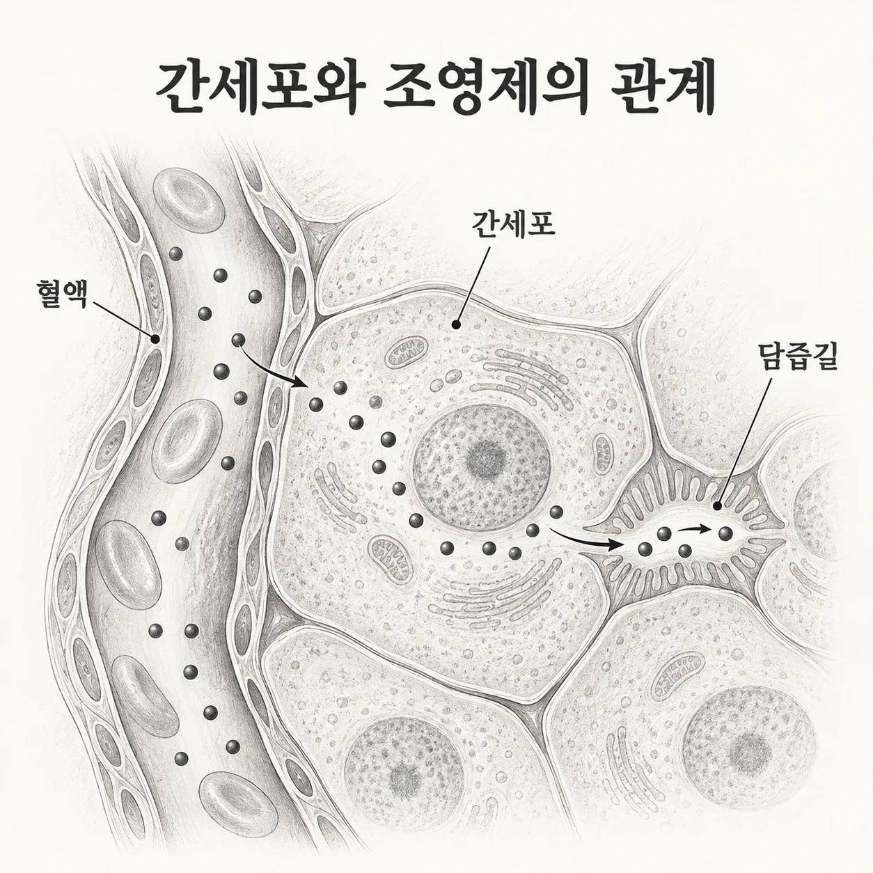 혈액에서 간세포로 들어간 일부 조영제가 담즙길로 배출되는 원리를 단순화한 도해